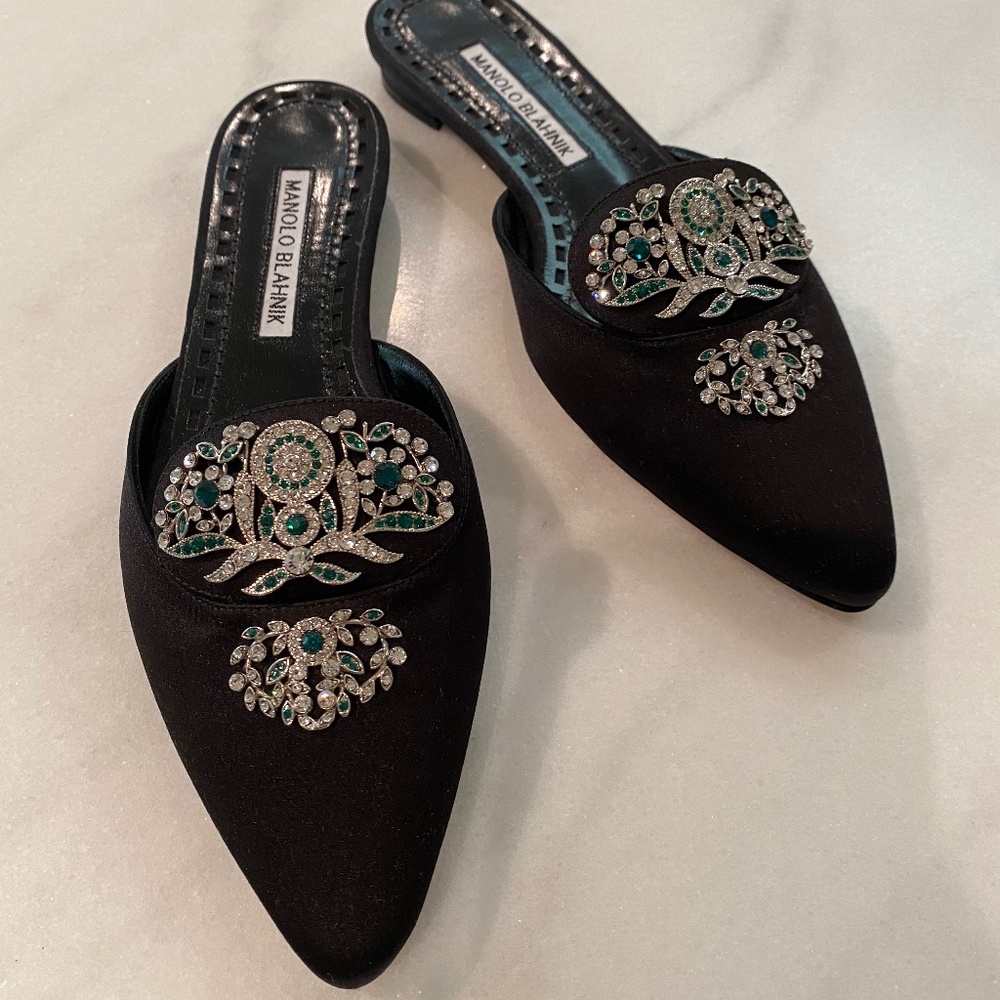 Manolo Blahnik Black Satin Jewel Flat Mules